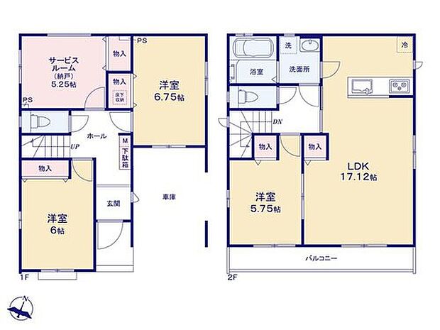 【3LDK+S】【2階建てプラン　長期優良住宅】家族と一声交わせるリビングイン階段、陽当りとプライバシー性に恵まれた２階リビングプラン！（ビルトイン車庫面積12.42m2）