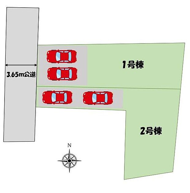【全体区画図】カースペース2台！1号棟は並列駐車可能！前面道路は交通量が少ないので、駐車も安心ですね！