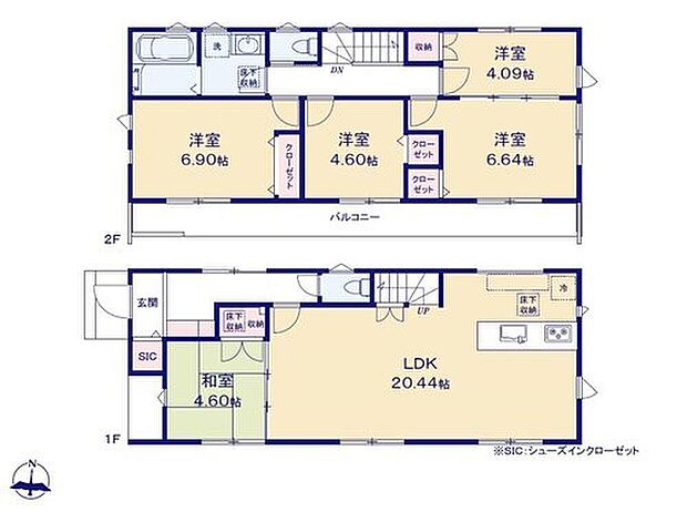 【5LDK】ゆとりの間取りプラン5LDK♪南向きに開けた
LDK20.44帖！家具レイアウトの幅も広がります◎
家族が自然と顔を会わせるリビングイン階段を採用。
来客時に便利な和室付き☆