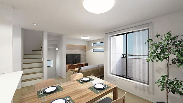 【完成予想図(内観)】≪Living room≫ご家族との自然なコミュニケーションが生まれるリビングイン階段を採用!※掲載の完成予想図は図面を基に描き起こしたもので、実際とは多少異なる場合がございます。