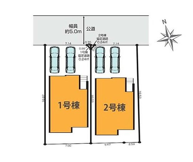 ≪全体区画図≫
■カースペース並列2台可能♪駐輪スペースとしても◎
■前面道路は交通量少なめの5m道路。お車の駐車も楽々です。