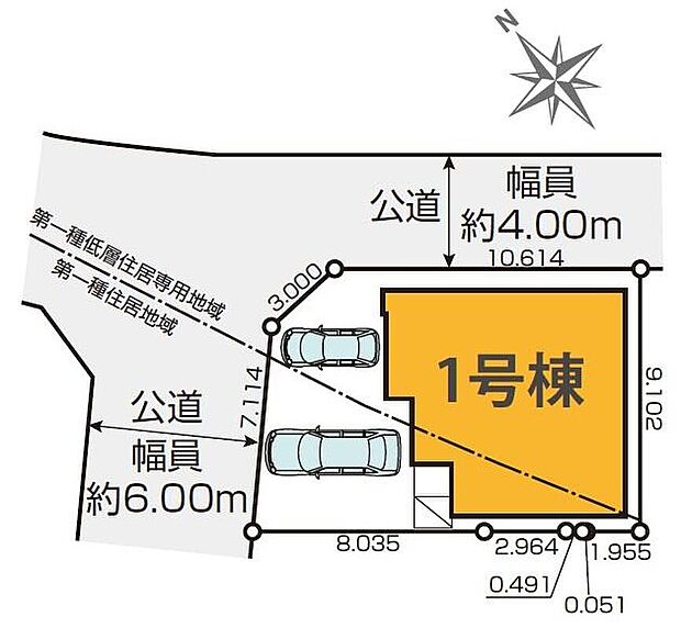 ≪全体区画図≫
◎カースペース2台分（車種による）。自転車や来客用の駐車スペースとしてもお使いいただけます。
◎角地につき陽当たりも風通しも◎♪