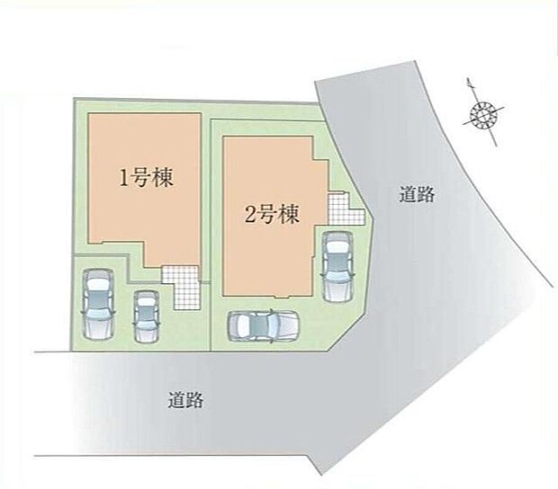 ≪全体区画図≫南側約5.9ｍ公道、東側約5.9ｍ公道に接道◎カースペース2台分（車種による）。自転車や来客用の駐車スペースとしてもお使いいただけます。