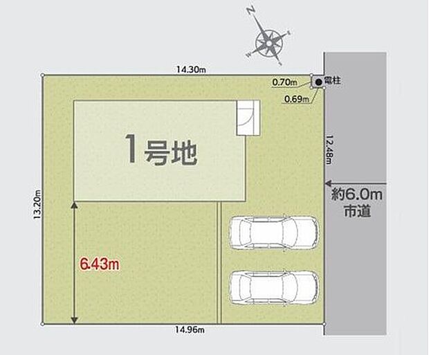 ≪区画図≫
日当たり良好！陽光あふれるお庭付き♪
カースペース2台駐車可能です。ご家族の自転車やバイクなどの駐輪スペースとしても広くお使いいただけます！前面道路約6ｍでお車の出し入れもラクラク♪