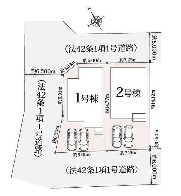 ≪全体区画図≫
◎2~3方向道路に面した陽当たり・風通し良好な立地♪
◎カースペース2台分(車種による)で来客用や自転車置場としても活用可能♪