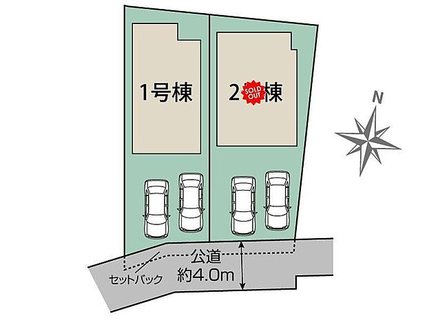 【全体区画図】採光溢れる南道路に面しています♪カースペース２台分ございますので、家族分の自転車を駐輪したり、来客用の駐車スペースとしてもお使いいただけます。