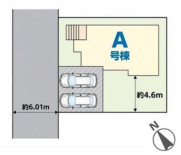 【全体区画図】カースペース２台分ございますので、家族分の自転車を駐輪したり、来客用の駐車スペースとしてもお使いいただけます♪
向かい側にはお休みの日に家族で遊べる公園あり♪