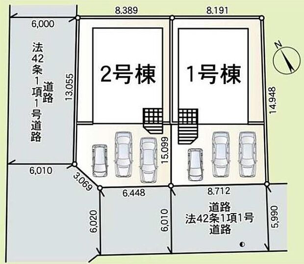 【全体区画図】２号棟は角地です♪
車種により、カースペース3台分ございますので、家族分の自転車を駐輪したり、来客用の駐車スペースとしてもお使いいただけます♪