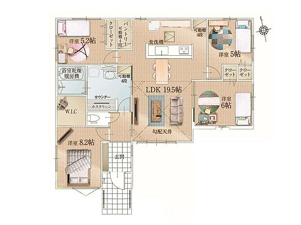【4LDK】◇家族が自然と集う、19.5帖の広々LDKが魅力の平屋♪◇開放的なアイランドキッチン+パントリー♪◇浴室乾燥機+ホスクリーン付き♪快適なランドリー空間♪◇8.2帖のゆとりある主寝室♪WIC付きで収納充実♪