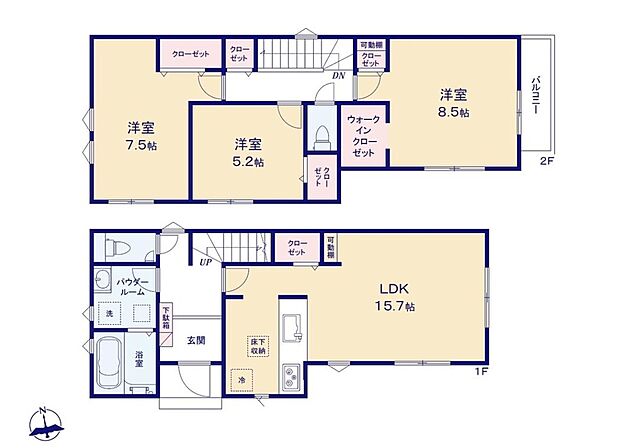 【3LDK】2面採光で陽光溢れる明るいリビング空間です☆
対面式キッチンでご家族のコミュニケーションが増える間取り♪
主寝室には大容量のWIC完備!お洋服がたっぷり収納できます◎