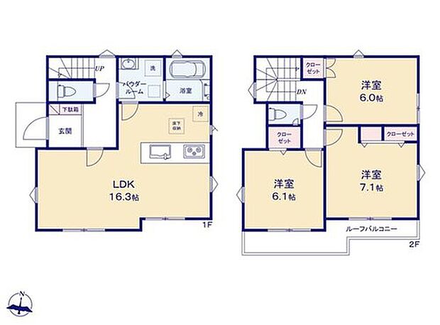 【3LDK】3面採光＆対面システムキッチン採用で開放感ある16.3帖のLDK☆
水回りが集中しているので家事がしやすい間取りです♪
2部屋から行き来できる南向きバルコニーは陽当たり良好♪