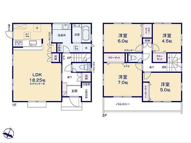 【4LDK】◇LDK18帖超☆対面式キッチン採用♪パントリー＆リビング収納付き♪
◇居室を2階に集約し、プライバシーにも配慮♪2部屋続きバルコニー☆
◇全居室収納完備◎玄関がすっきり片付く土間収納など豊富な収納♪
