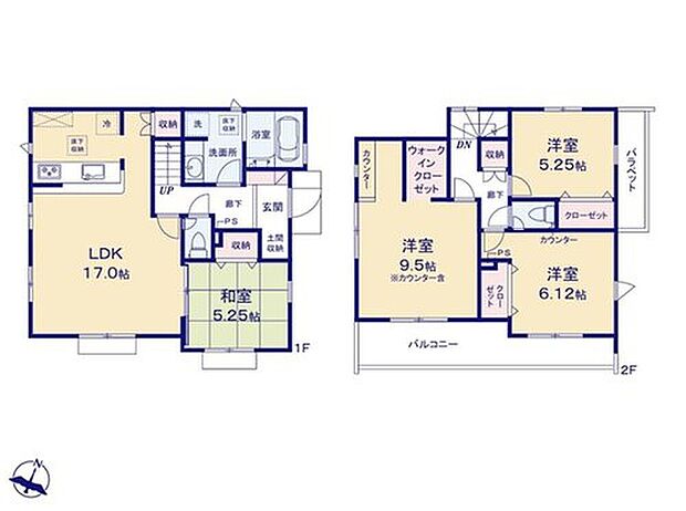 【4LDK】◇LDK17帖+5帖超の洋風和室☆来客時など多目的に利用可能◎
◇対面式キッチンでご家族のコミュニケーションが増える間取り♪
◇9.5帖の広々主寝室はWICや、ワークスペースに便利なカウンター付☆
