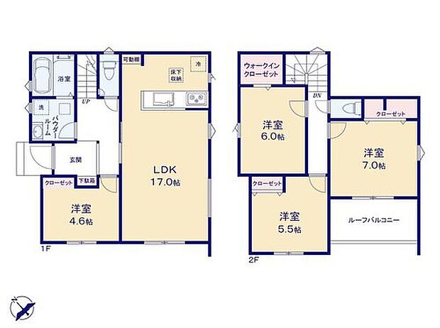【4LDK】対面式キッチン採用でご家族のコミュニケーションが増える間取り♪
2階には季節物のお洋服もたっぷり収納できるWIC完備！
日当たり良好なルーフバルコニーでお洗濯も快適です◎