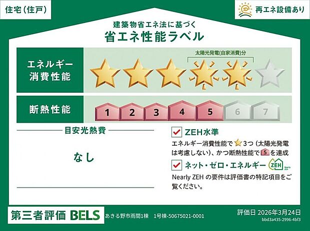 【【省エネ性能ラベル】】こちらの物件はZEH水準を満たした、省エネ性能に優れた物件です。　光熱費を抑えて暮らすことができるだけでなく、「熱の入りにくさ・逃げにくさ」という観点でも影響を受けにくい建物のため、長く快適にお過ごしいただけます♪