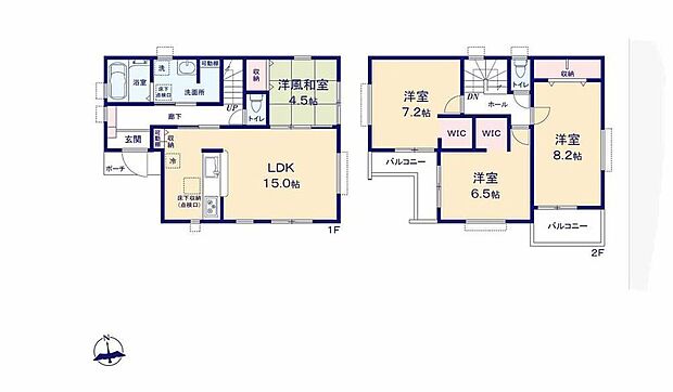 【4LDK】WICやパントリー付きの収納豊富な間取り♪和室は来客用やお昼寝スペースにもオススメ♪2階居室は6帖以上！ゆったり快適に過ごせます♪2面バルコニーで通風・採光ともに良好♪