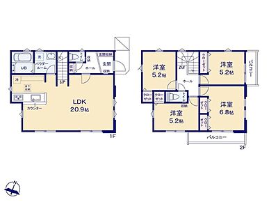 南向きに大きく開けた明るいLDKは20帖超♪嬉しい3面採光☆各居室5.2帖以上＆全居室収納完備☆スペースを有効活用できます♪お洗濯物がたっぷり干せて贅沢な2面バルコニーを設置◎ 