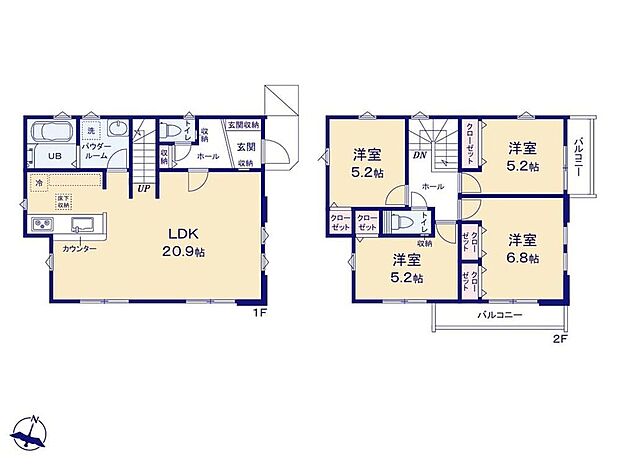 【4LDK】南向きに大きく開けた明るいLDKは20帖超♪嬉しい3面採光☆各居室5.2帖以上＆全居室収納完備☆スペースを有効活用できます♪お洗濯物がたっぷり干せて贅沢な2面バルコニーを設置◎