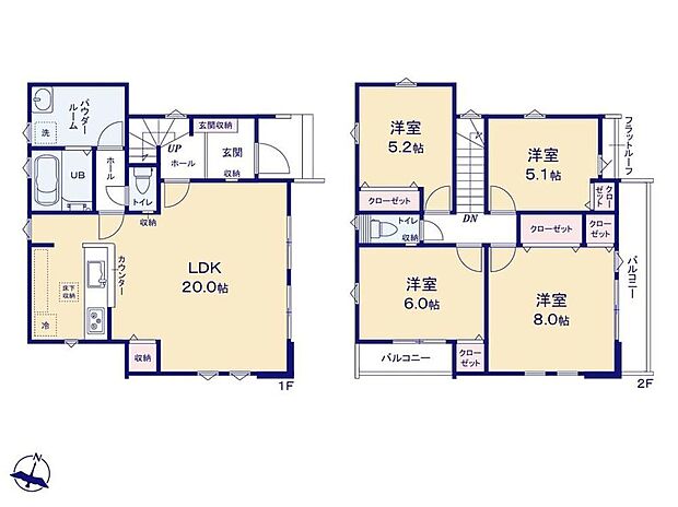 【4LDK】LDK広々20帖♪3面採光でいつでも明るい印象です☆居室を2階に集約し、プライバシーにも配慮した間取りプラン！全居室収納完備でお部屋スッキリ！2面バルコニー完備◎