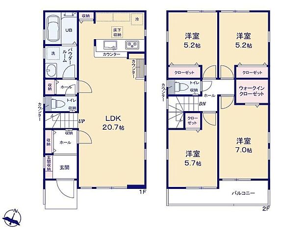 【4LDK】リビング広々20帖！家族時間充実しそうです♪居室を2階に集約し、プライバシーにも配慮した間取りプラン！全居室収納完備でお部屋スッキリ！他パントリー、ホール収納など充実！