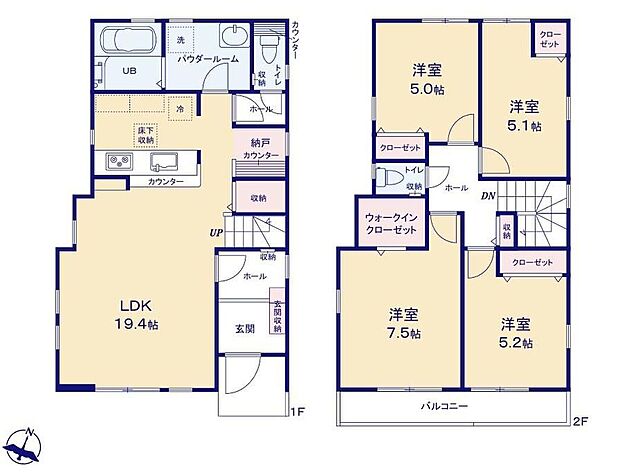 【4LDK】南向きに大きく開けた明るいLDKは19.4帖♪キッチン横は在宅やお子様の宿題にも使えるカウンタースペース♪2部屋から行き来できて便利な南面バルコニー♪