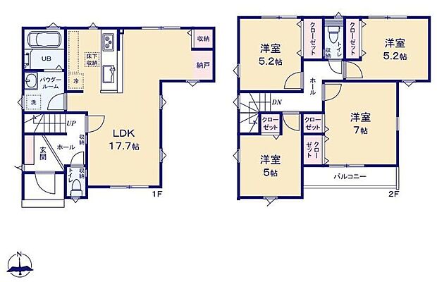 【4LDK】南向きに大きく開けた明るいLDKはゆとりのある17.7帖♪全居室に収納完備かつ1階にはDENスペースあり♪お洗濯物がよく乾く南面バルコニー♪