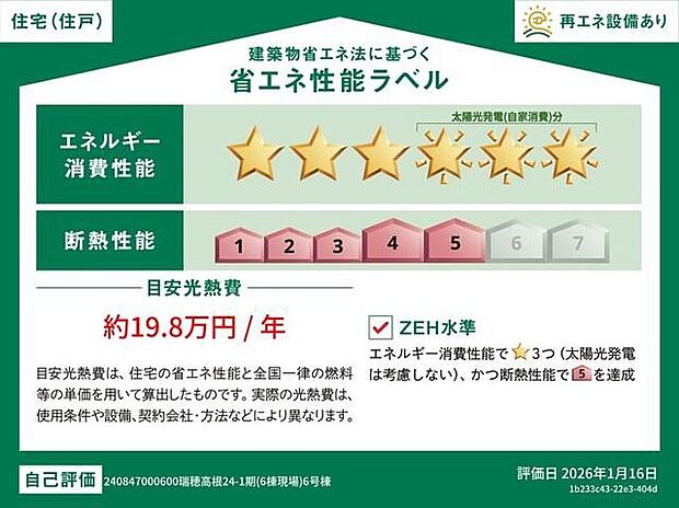 【省エネ性能ラベル】こちらの物件はZEH水準を満たした、省エネ性能に優れた物件です。 光熱費を抑えて暮らすことができるだけでなく、「熱の入りにくさ・逃げにくさ」という観点でも影響を受けにくい建物のため、長く快適にお過ごしいただけます♪