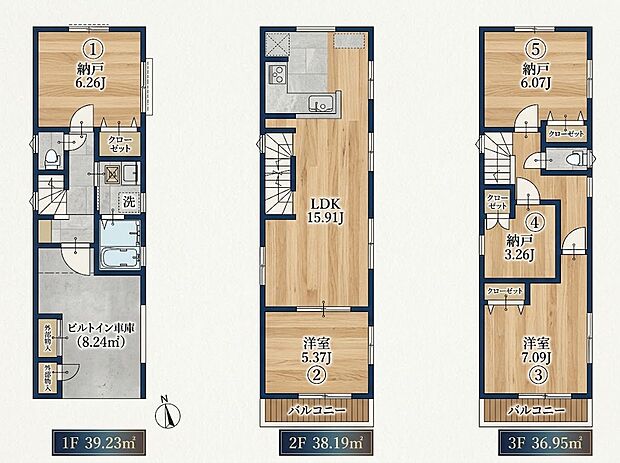 2号棟 6,780万円 土地面積57.01m2(17.24坪)建物面積114.37m2(34.59坪)