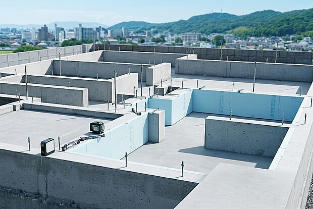 【ベタ基礎】強度に優れ、災害に大変強い「ベタ基礎工法」を採用。また防水シートを敷き、充分に湿気対策を行います。