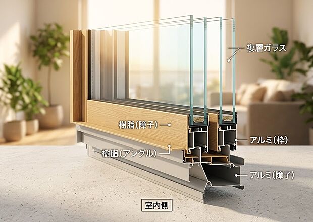 【複層ガラス 】2枚のガラスの間に空気層を設けた複層ガラスを採用。外気の影響を受けにくく、夏は涼しく冬は暖かな室内環境を保ちます。