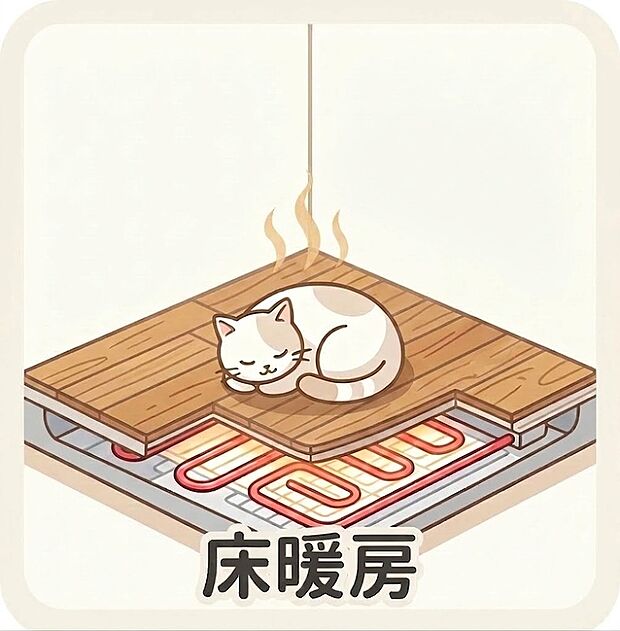 【床暖房】足元からお部屋全体をじんわりと温める床暖房。温風が出ないためホコリが舞い上がらず、空気が乾燥しにくいのも嬉しいポイントです。暖房器具を置く必要がないため、インテリアもスッキリ美しく保てます。