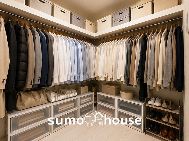 【ウォークインクローゼット】洋服から季節物までたっぷり収納できる大容量WIC。お部屋をすっきり保てます。(本画像はCGで作成しており、実際に現地に家具・家電はおかれておりません。また価格に家具・家電は含まれておりません)