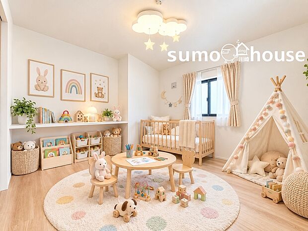 【リビング以外の居室】カウンター棚を備えた、子供部屋に最適な明るくかわいらしいキッズルームです。(本画像はCGで作成しており、実際に現地に家具・家電はおかれておりません。また価格に家具・家電は含まれておりません)