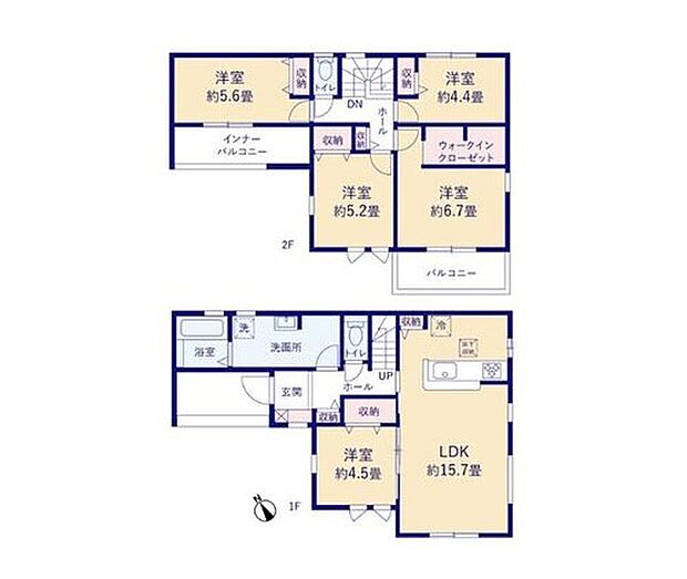 【5LDK】居室が5部屋あり、使用用途多数♪
全居室収納完備＋主寝室には大容量WIC完備で居住空間スッキリ☆
陽当り良好な南側バルコニーが2か所にございます♪