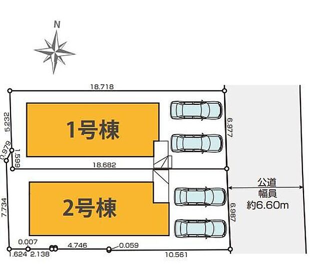 【全体区画図】１号棟　４，４９９万円
２号棟　４，５９９万円