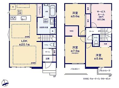 対面式キッチン仕様の約２０．１帖リビング♪納戸やWICがあり、各所に収納スペース充実♪日当たり良好な南側バルコニー♪玄関から中が見えにくいクランクイン仕様♪ 