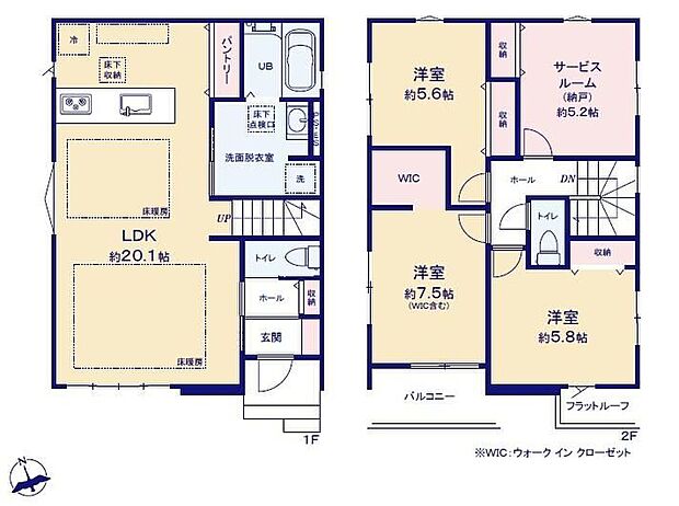 【3LDK+S】対面式キッチン仕様の約20.1帖リビング♪納戸やWICがあり、各所に収納スペース充実♪日当たり良好な南側バルコニー♪玄関から中が見えにくいクランクイン仕様♪