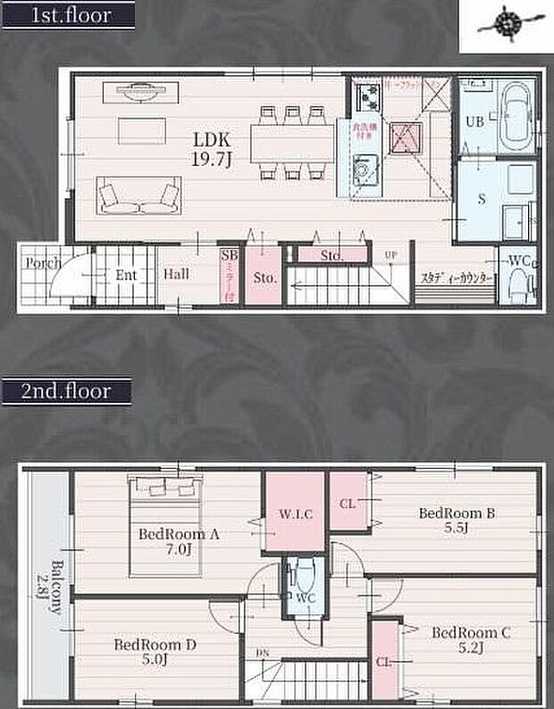 【4LDK】対面式キッチン仕様の広々１９．７帖リビング♪
２階４部屋あり、お子様ひとりひとりにお部屋を与えられます♪
大きな荷物も収納可能なウォークインクローゼット付き♪
日当たり良好な南側バルコニー♪
