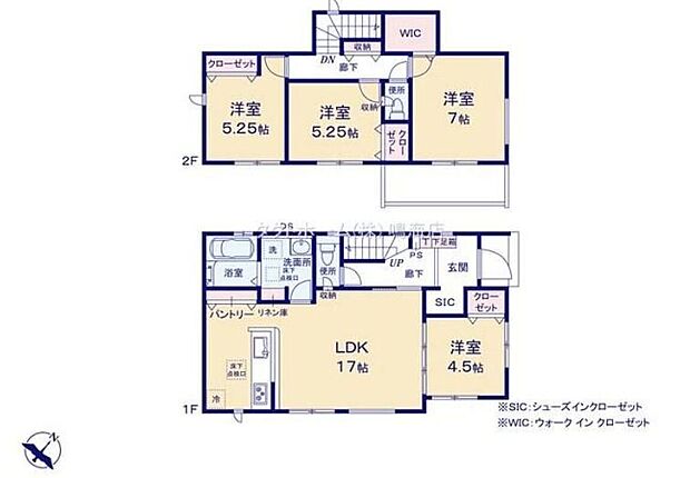 【4LDK】対面式キッチン仕様の約１７帖リビング♪LDKと洋室を一体できる人気の間取り♪WICやSIC、リネン庫やパントリーがあり、各居室にも収納スペース完備♪日当たり良好な南側バルコニー♪