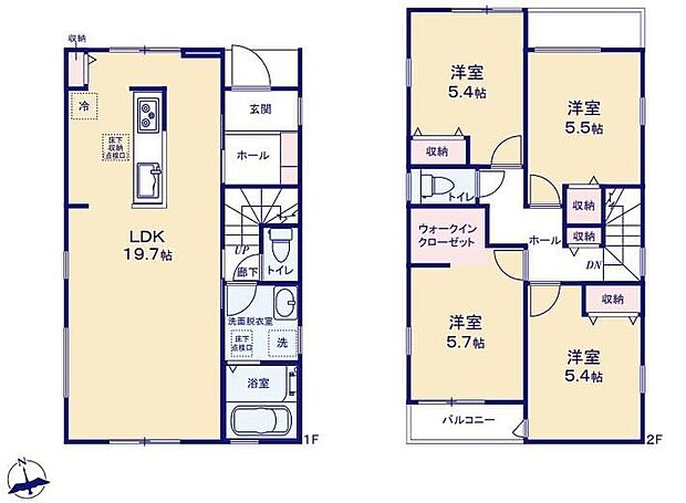 【4LDK】対面式キッチン仕様で南向き約１９．７帖リビング♪居室４部屋あり、使用用途多数♪WICがあり、各所・各居室にも収納充実♪陽当り良好な南側バルコニー♪