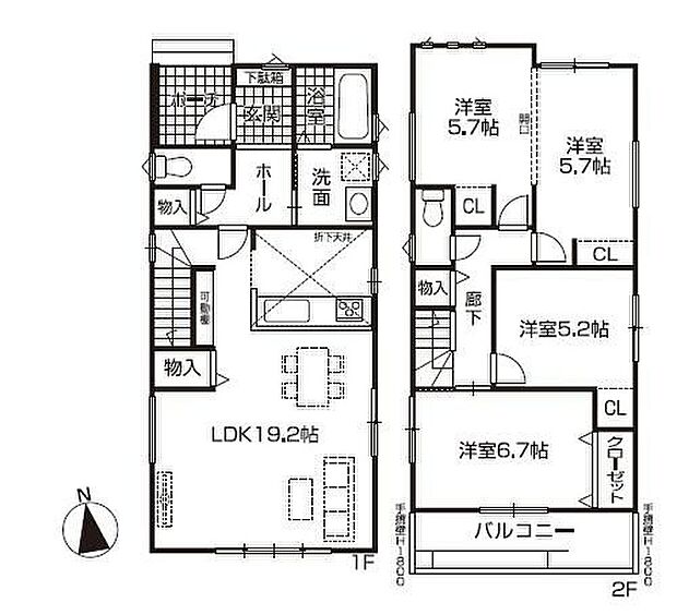 【4LDK】対面式キッチン仕様の広々約１９．２帖リビング♪約１１．４帖の居室を２部屋に分けられます♪各所・各居室にも収納スペース充実♪南側バルコニーは日当たり良好♪