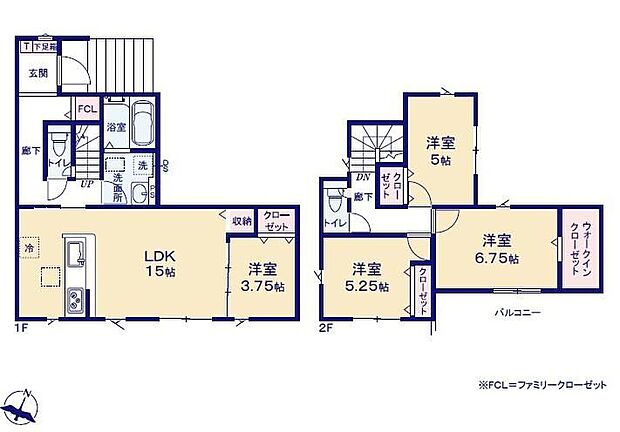 【4LDK】対面式キッチン仕様の南向き約15帖リビング♪LDKと洋室を一体できる人気の間取り♪WICやFCLがあり、各居室にも収納充実♪日当たり良好な南側ワイドバルコニー♪