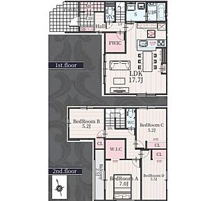 対面式キッチン仕様の約１７．７帖のリビング♪
居室４部屋あり、お子様一人一人にお部屋が与えられます♪
WICがあり、各所・居室にも収納スペース充実♪
雨の日も安心のインナーバルコニー仕様♪ 