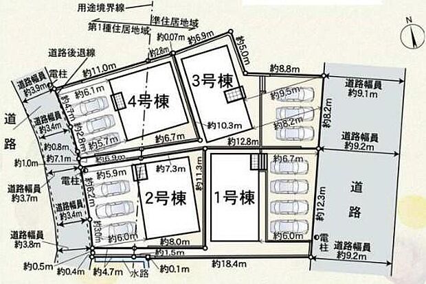 【全体区画図】１号棟　２，６９０万円
２号棟　２，９９０万円
３号棟　２，５９０万円
４号棟　２，９９０万円
