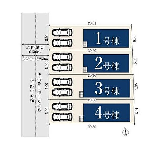 【全体区画図】並列駐車２台可能です♪
１号棟　４，１８０万円
２号棟　４，１８０万円
３号棟　４，１８０万円
４号棟　ご成約済み