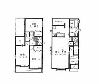広々20帖のLDKプラン♪対面キッチン採用♪キッチン奥には大型パントリー設置♪家族と顔を合わせる機会が増えるリビングイン階段♪主寝室に大容量のWIC完備♪ 