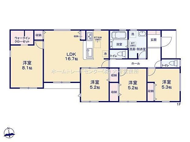 【4LDK】暮らしやすい動線が魅力的な平屋建て♪対面式キッチン仕様の約１６．７帖リビング♪各居室に収納完備でお部屋も片付けやすいです♪玄関は中の様子が見えにくいクランクイン仕様♪