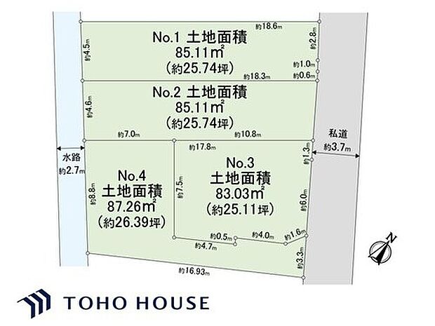 区画図
前面道路は北東側、幅員3.7ｍの私道に面しています。