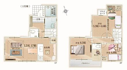 広々17帖LDKで家族の会話が弾む空間。2F洋室は間仕切り可能、お子様の成長に合わせた変化に対応。豊富な収納も魅力、快適なファミリーライフをサポート。 