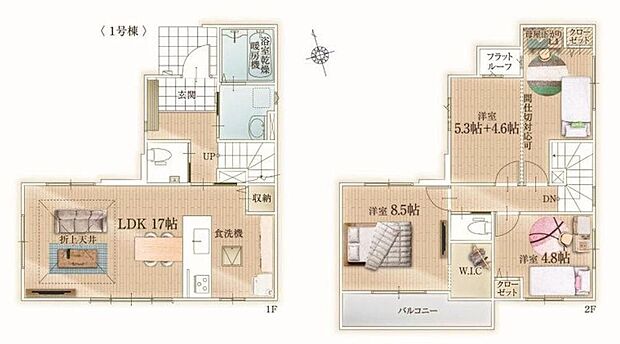 【3LDK】広々17帖LDKで家族の会話が弾む空間。2F洋室は間仕切り可能、お子様の成長に合わせた変化に対応。豊富な収納も魅力、快適なファミリーライフをサポート。